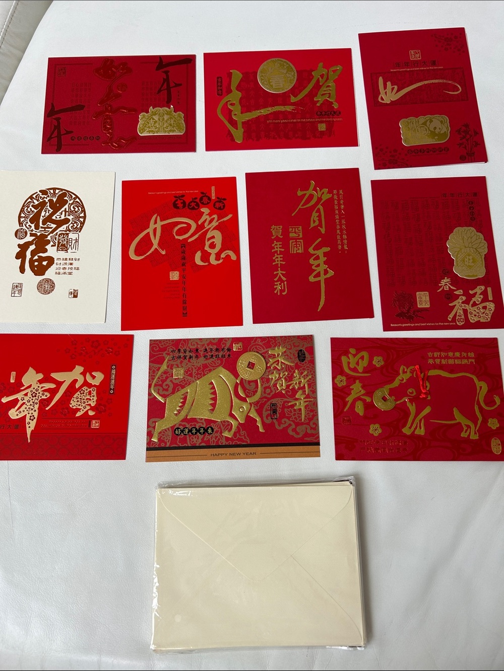 Pack of Ten Varieties of Chinese Character New Year’s Card with Envelopes